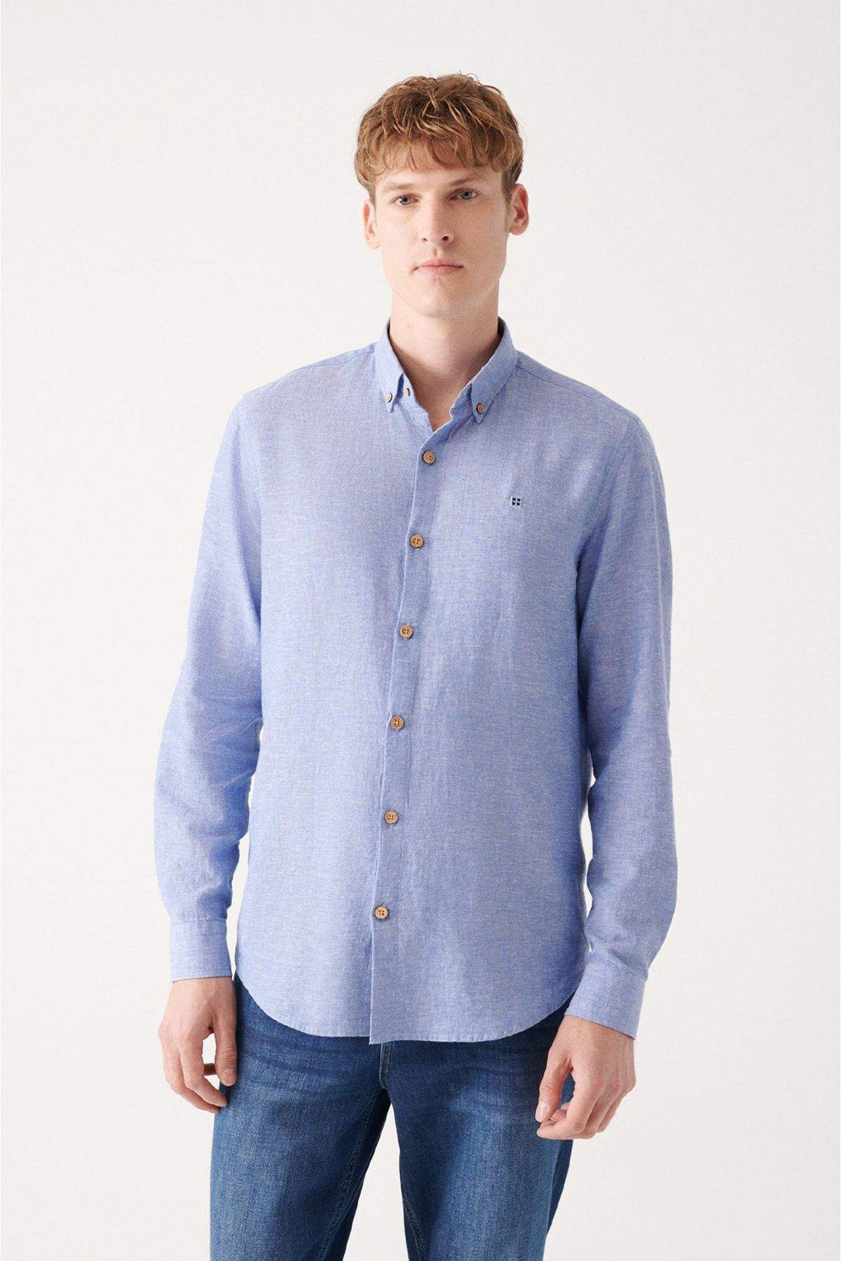 dark-blue-buttoned-collar-cotton-linen-regular-fit-shirt