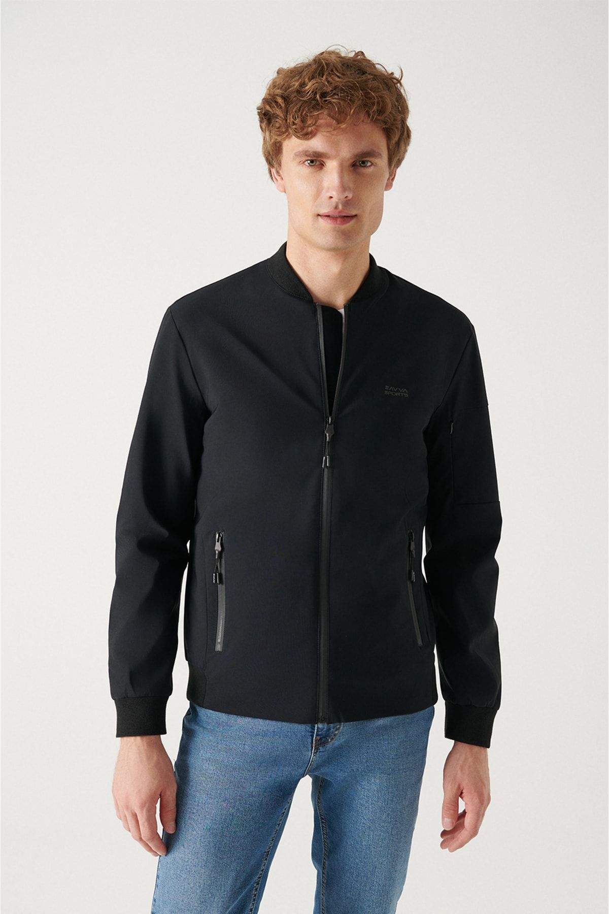 mens-black-bomber-collar-water-repellent-windproof-flexible-lightweight-coat-a22y6025