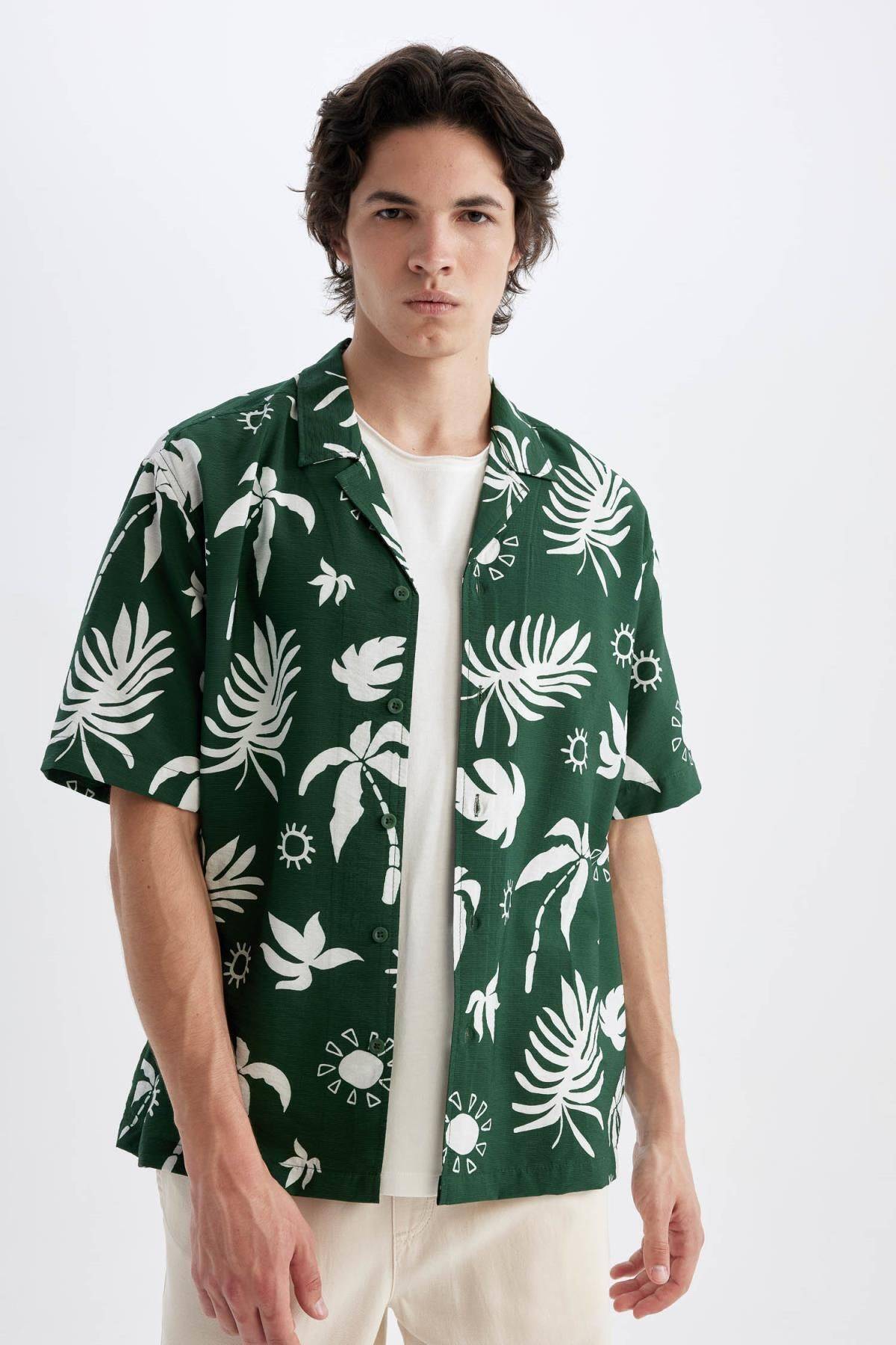 پیراهن آستین کوتاه ویسکوز چاپ شده هاوایی با یقه باز Relax Fit C7699ax24sm