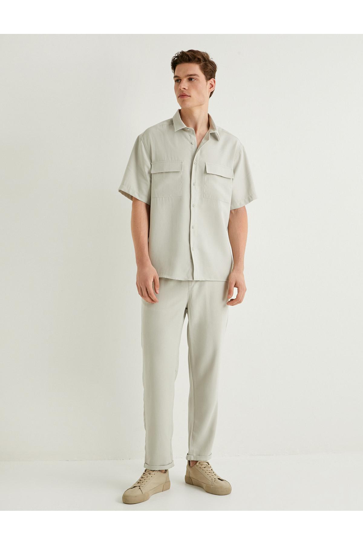 پارچه ویسکوز با جیب دکمه دار پیراهن آستین کوتاه