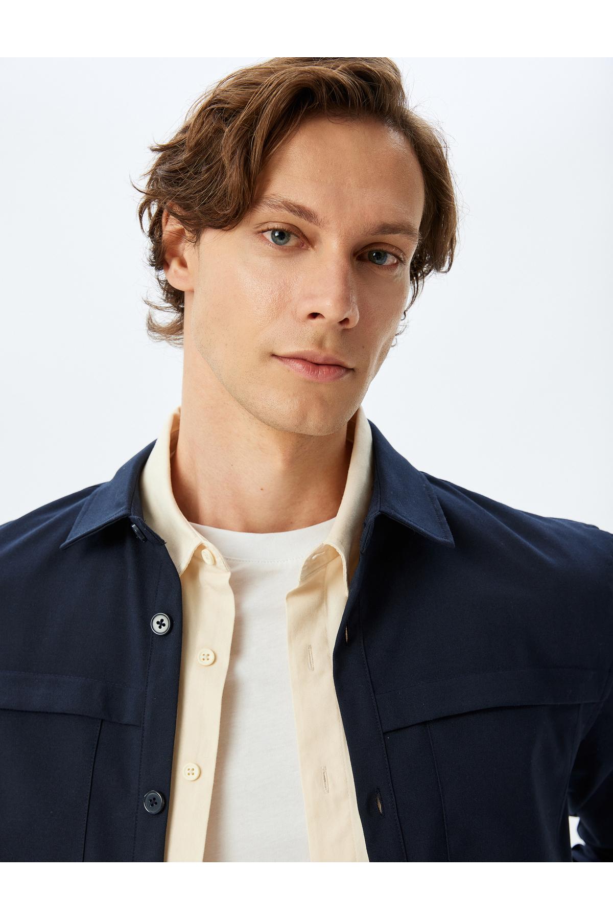 پیراهن کلاسیک ترکیبی ویسکوز با جیب آستین بلند