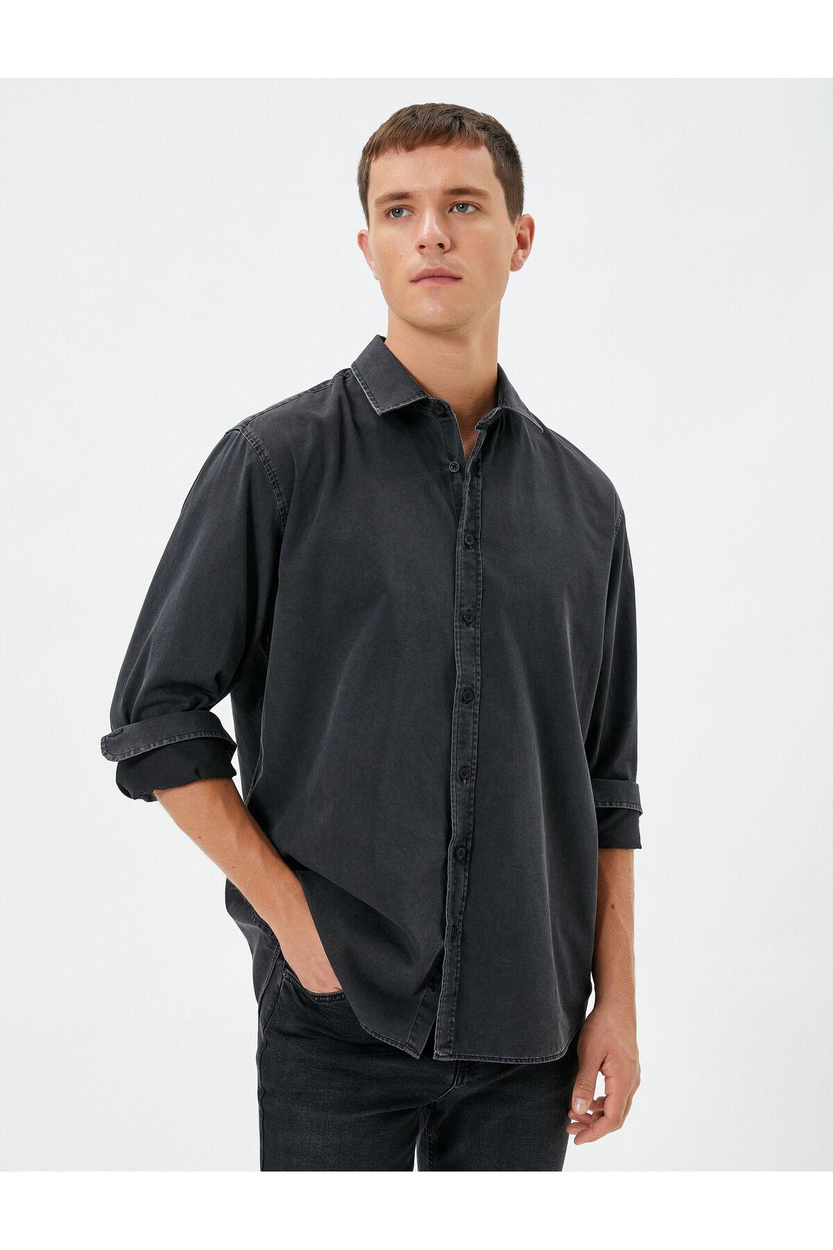 پیراهن کلاسیک آستین بلند یقه دکمه دار نخی